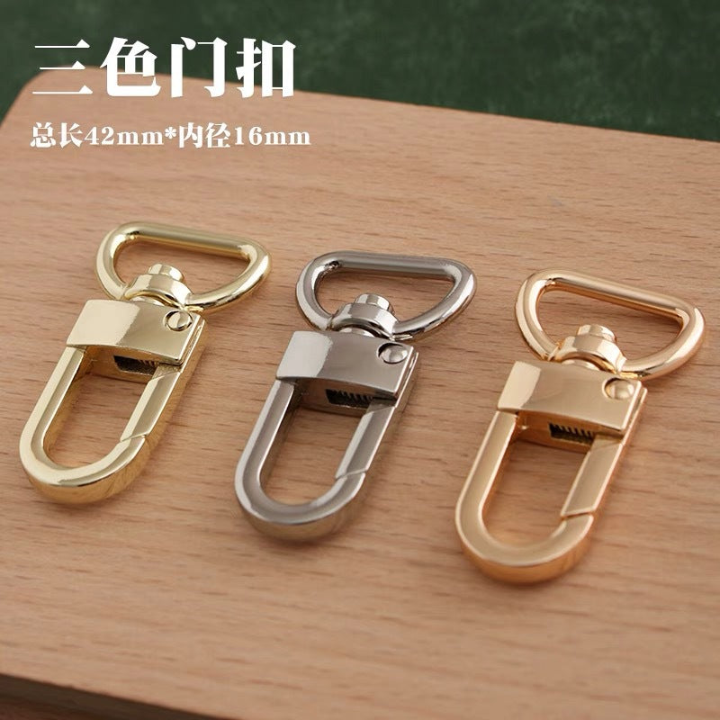 Swivel snap hook bag hardware in silver, light gold, and bright gold finishes.