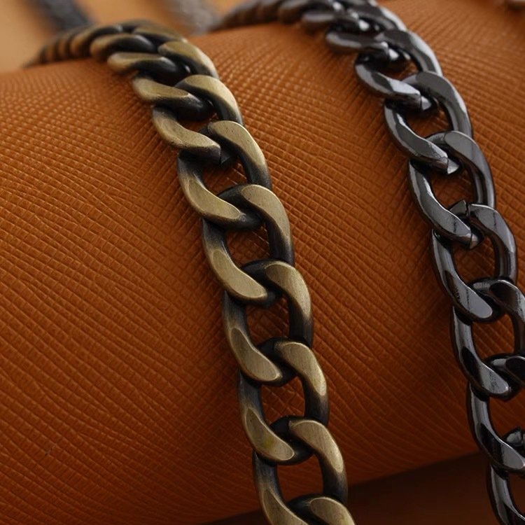Metal bag chain strap close-up of linked links in olive and dark tones