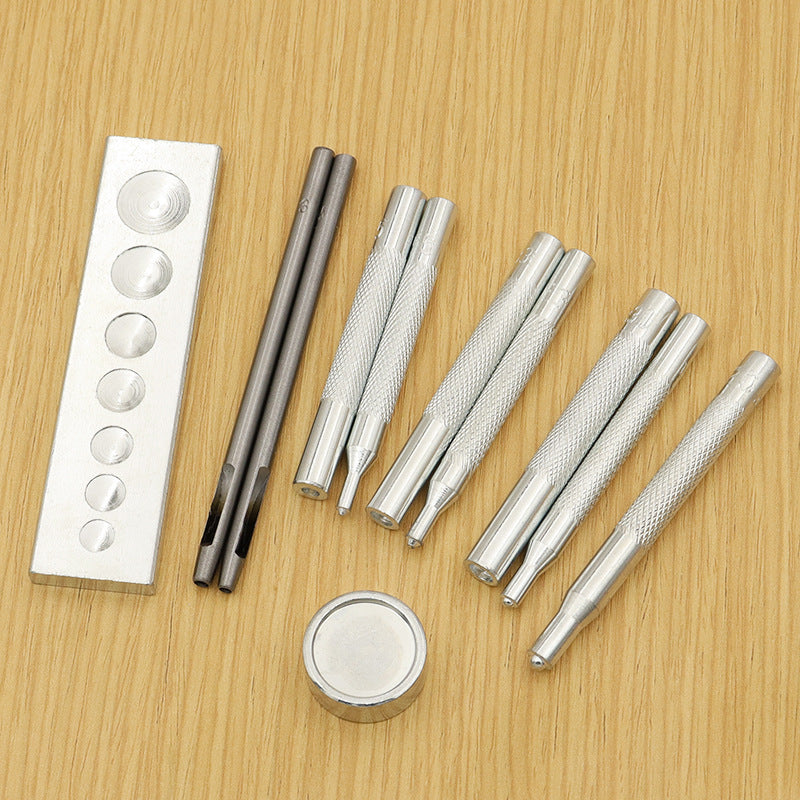 Snap button setter tool kit: hole plate, silver and dark punch rods, textured handles, cap