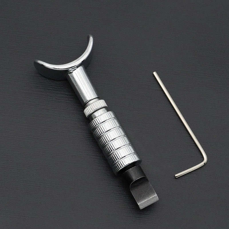 Adjustable rotary leather carving knife with black handle, swivel head, and hex key