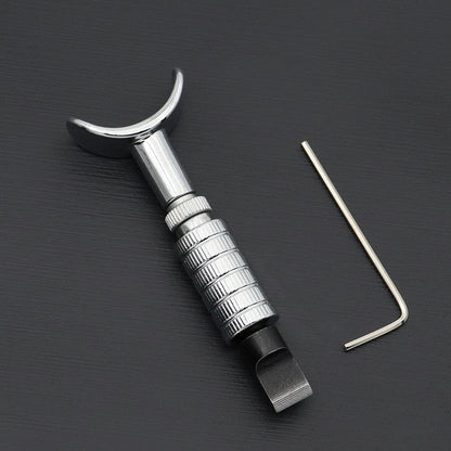Adjustable rotary leather carving knife with black handle, swivel head, and hex key