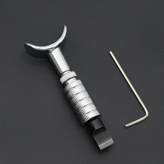 Adjustable rotary leather carving knife with black handle, swivel head, and hex key