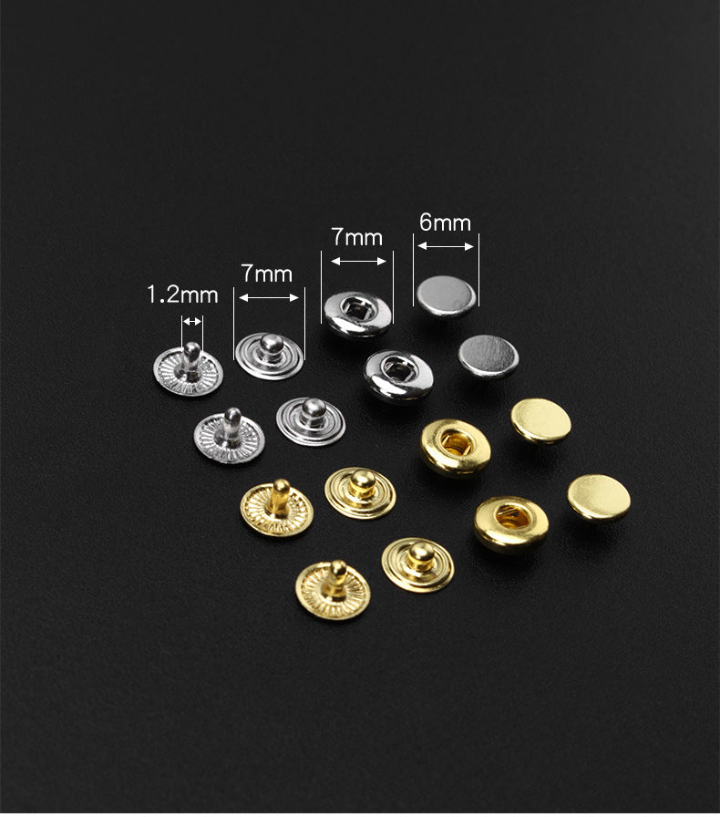 Assorted mini snap press studs, 6mm and 7mm sizes, gold and silver caps with bases