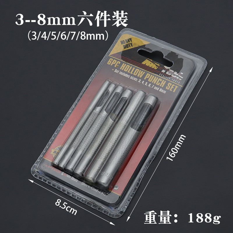 6-piece hollow hole punch set in blister pack, metal punches sized 3–8mm