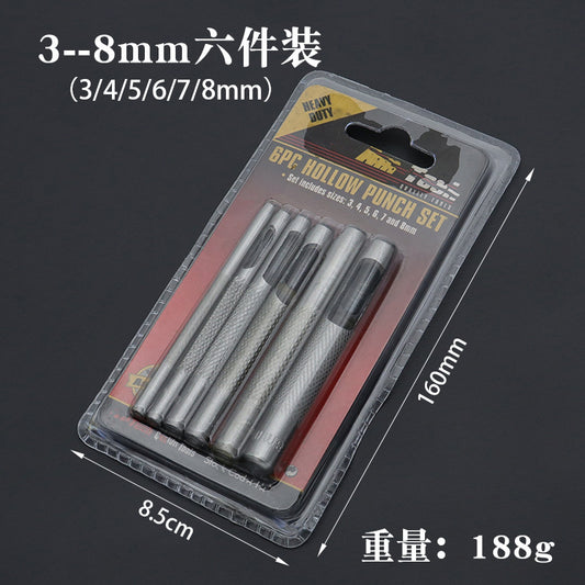 6-piece hollow hole punch set in blister pack, metal punches sized 3–8mm
