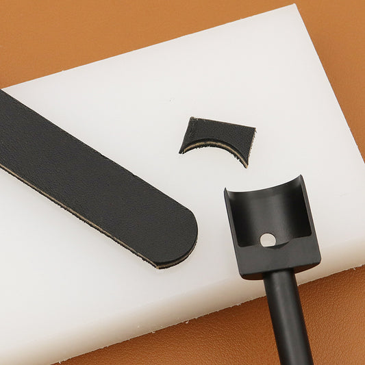 Leather strap end punch with semicircle cutting edge and matching guide block