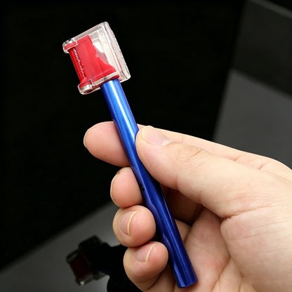Blue leather edge oil applicator pen with transparent roller head and gold aluminum roller tip