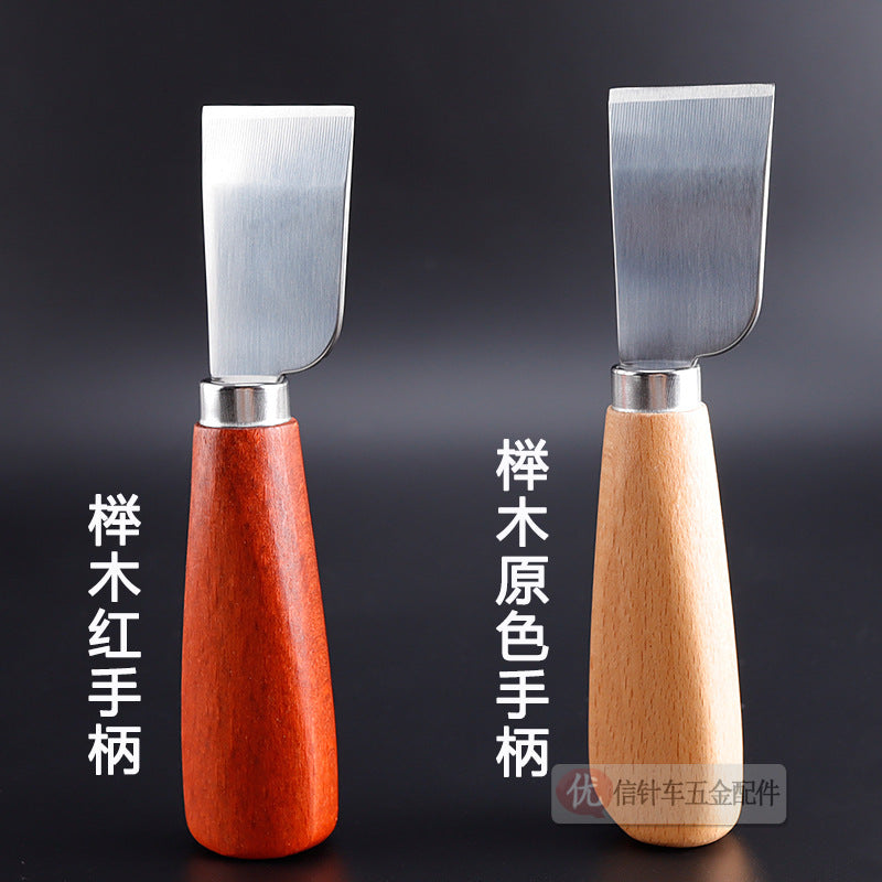 Leather skiving knives, red and natural wood handles with mirror-polished steel blades