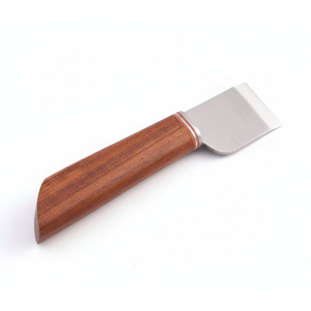 A hand tool with a polished brown wooden handle and a flat stainless steel blade, shown on a clean white background.