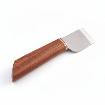 A hand tool with a polished brown wooden handle and a flat stainless steel blade, shown on a clean white background.
