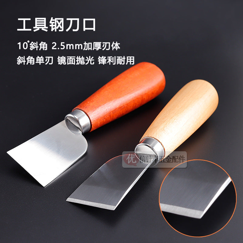 Leather skiving cutting knives, mirror steel blades with wood handles in red and natural