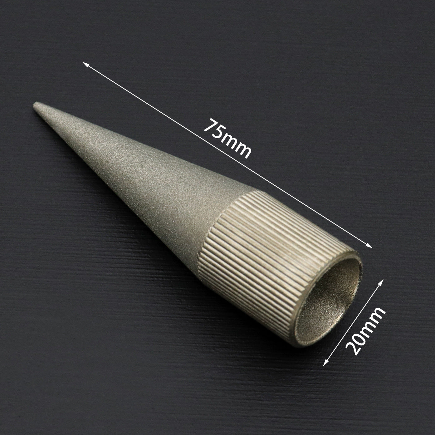 Diamond emery tapered grinder, 75mm long; ribbed abrasive end; about 20mm diameter
