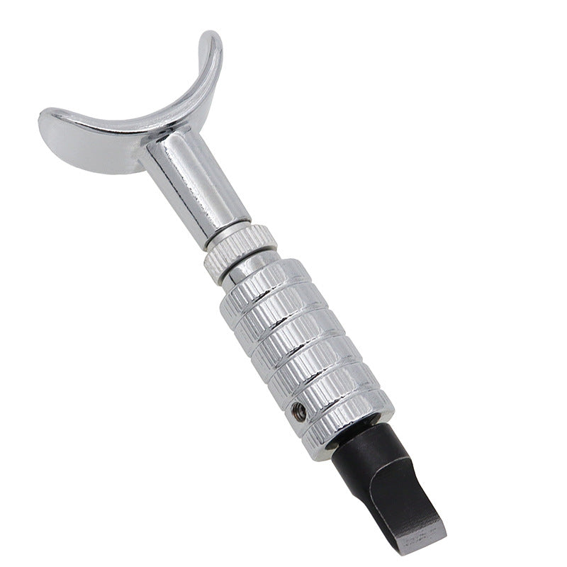 Adjustable rotary leather carving knife with curved handle, knurled barrel, and black grip
