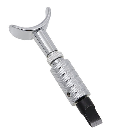 Adjustable rotary leather carving knife with curved handle, knurled barrel, and black grip