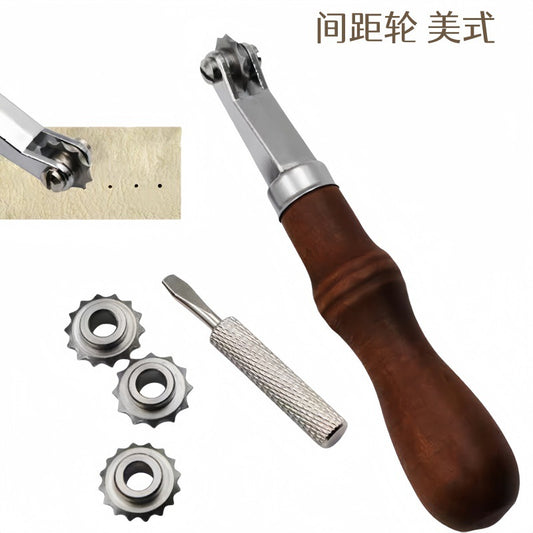 Adjustable leather stitch pricking wheel with wooden handle and interchangeable metal rollers