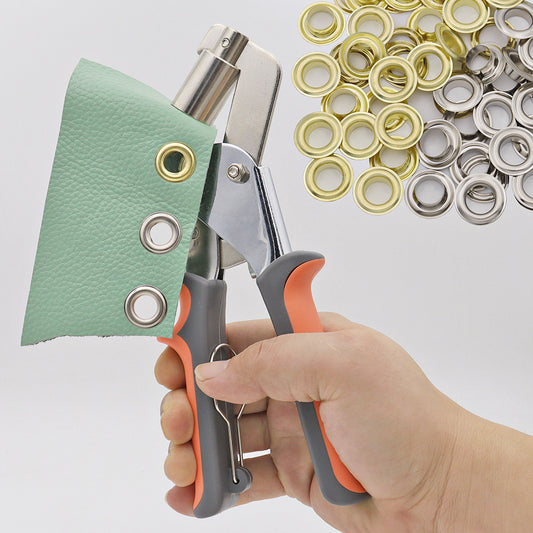 Eyelet setting pliers with orange-gray handles, pressing grommets into mint leather