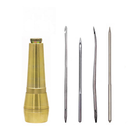 Brass awl handle with interchangeable metal needle tips, four-piece set