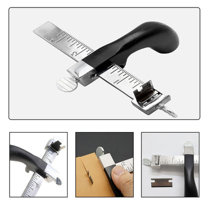 Leather strap cutter kit with black handle, metal ruler guide, and included blades