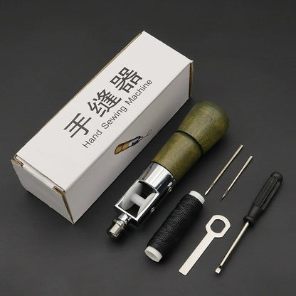 Hand sewing machine set with dark green wood handle, black thread spool, and metal needles