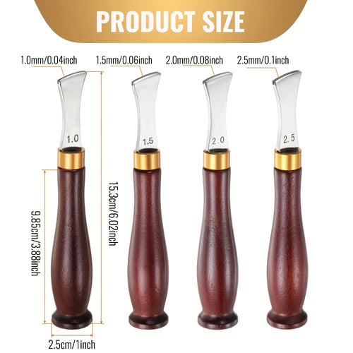 Set of 4 edge creaser tools with 1.0, 1.5, 2.0, 2.5mm tips; size guide shown