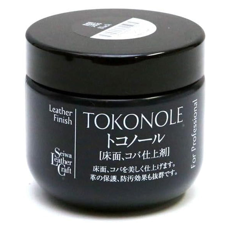 Tokonole leather finish burnishing gum jar with black finish, close-up front label.