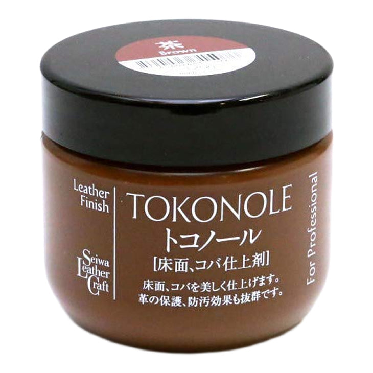 Tokonole burnishing gum jar with brown finish, close-up front label.