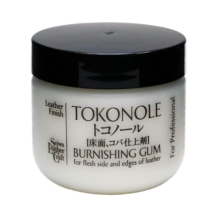 Tokonole leather finish burnishing gum jar labeled for flesh side and edges.