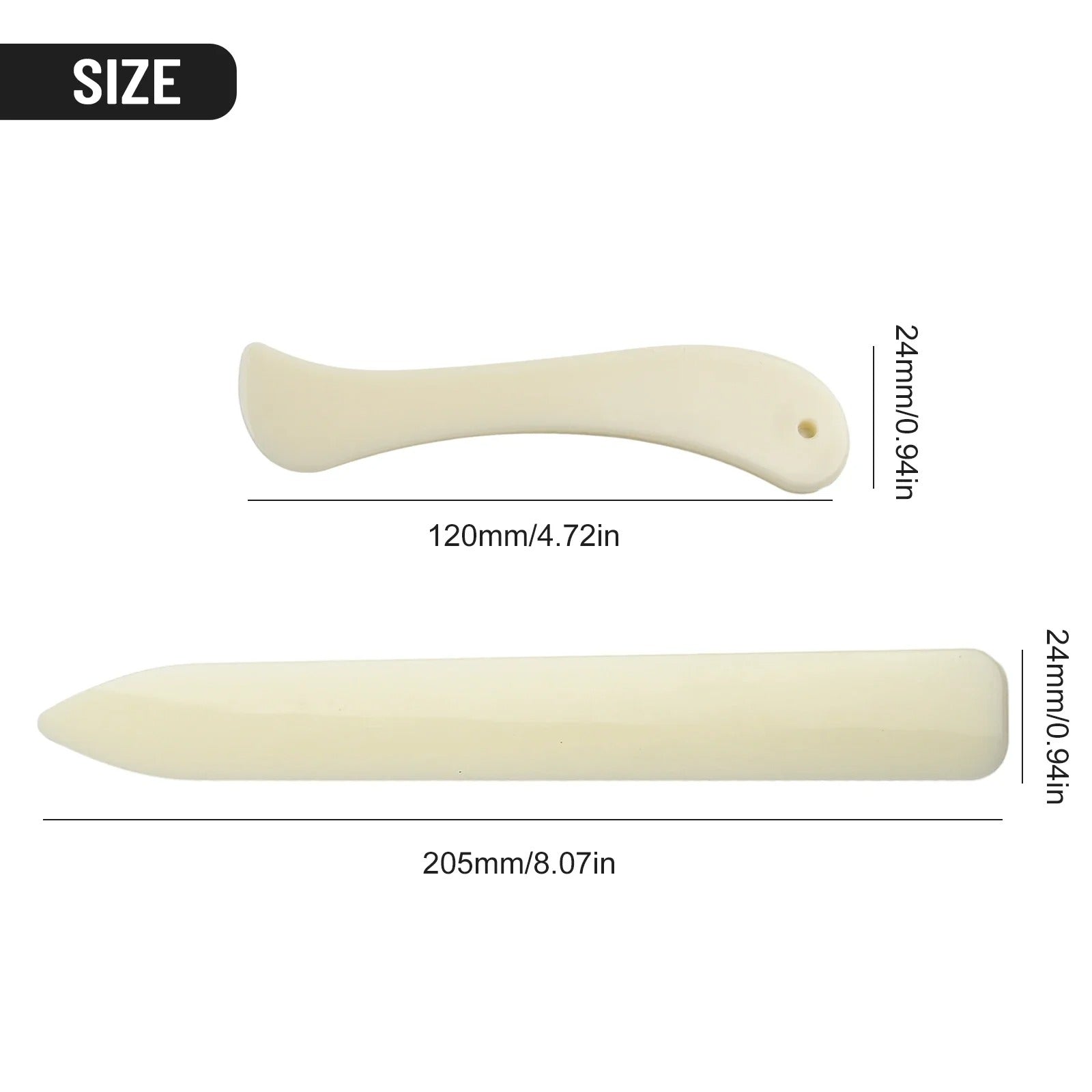 Cream leather bone folder with curved handle and pointed tip, size diagram view.