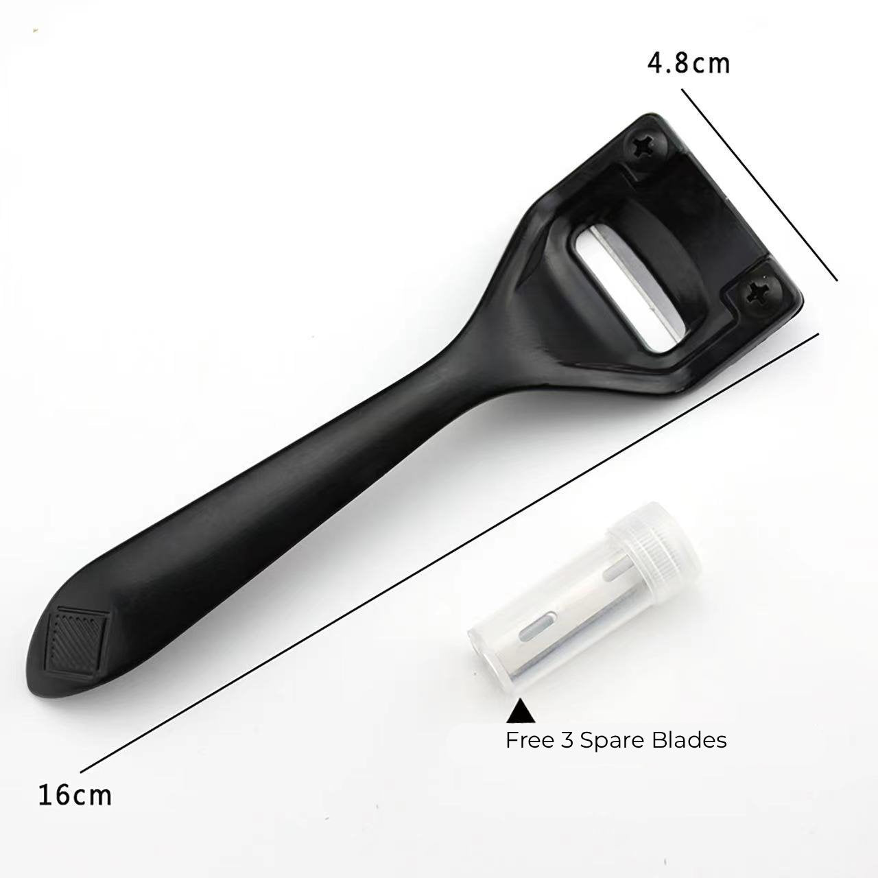 Adjustable leather thinning knife with black handle and included replacement blade