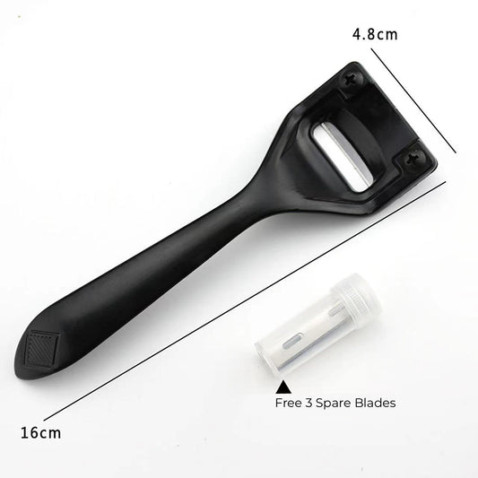 Adjustable leather thinning knife with black handle and included replacement blade