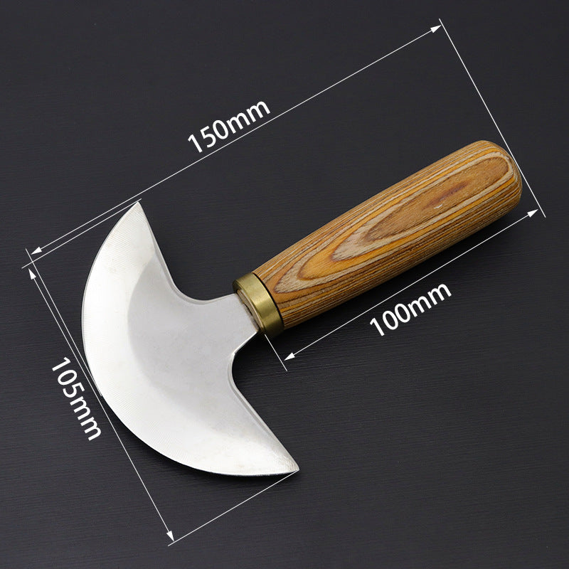 Half-round leather knife with wooden handle, brass collar, and curved steel blade