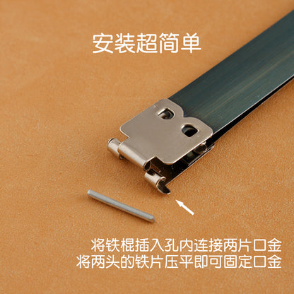 Coin purse clasp plate with pin hardware, close-up view