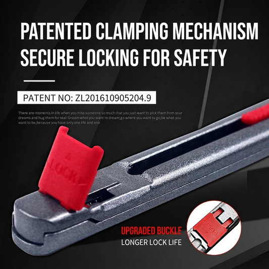 Zinc alloy utility knife with lock clamp, red handle insert, snap-off blade