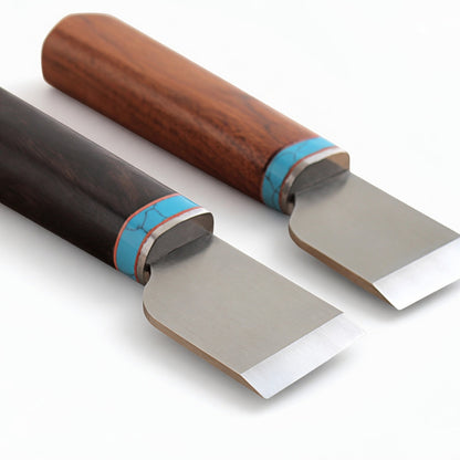 Leather cutting knives with HSS blades, sandalwood-style handles and turquoise ferrule