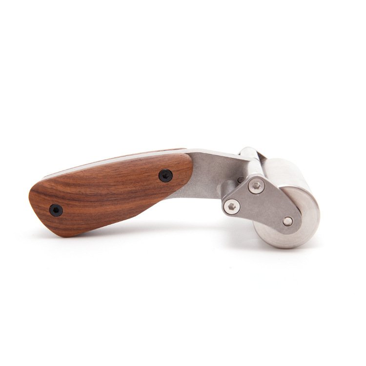 Leather roller tool with curved stainless roller and two wooden handles