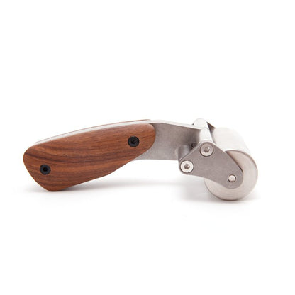 Leather roller tool with curved stainless roller and two wooden handles