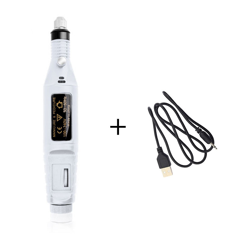 White electric leather burnisher polisher handheld unit with attached USB cable