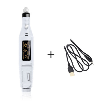 White electric leather burnisher polisher handheld unit with attached USB cable