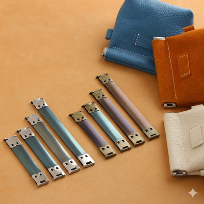 Coin purse hardware set with metal clasp frames and blue strap pieces