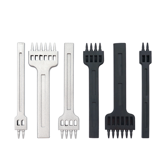 Hole punch set with silver and black multi-pin blades, multiple sizes for leather