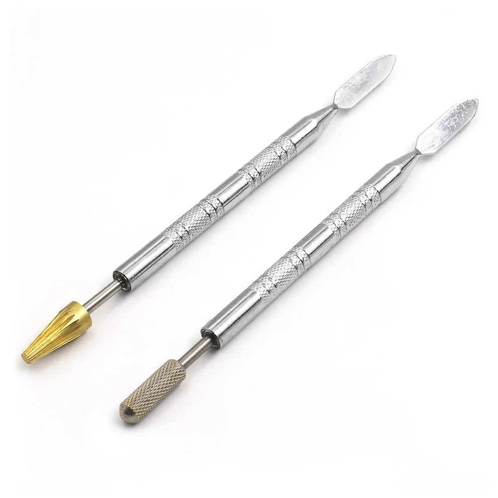 Leather edge oil pen tool with two tips: golden cone and silver cylinder