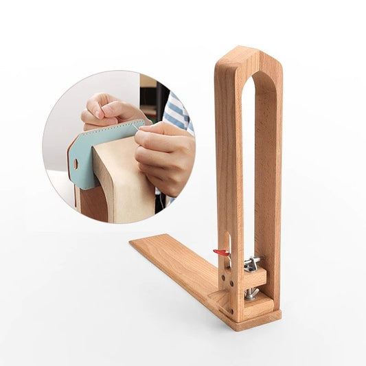 Leather stitching clamp pony with U-shaped beech wood frame and quick-release mechanism
