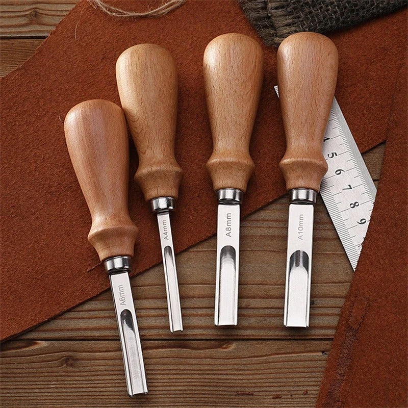 Leather edge beveler tools with beech handles and stainless blades labeled 4mm and 8mm