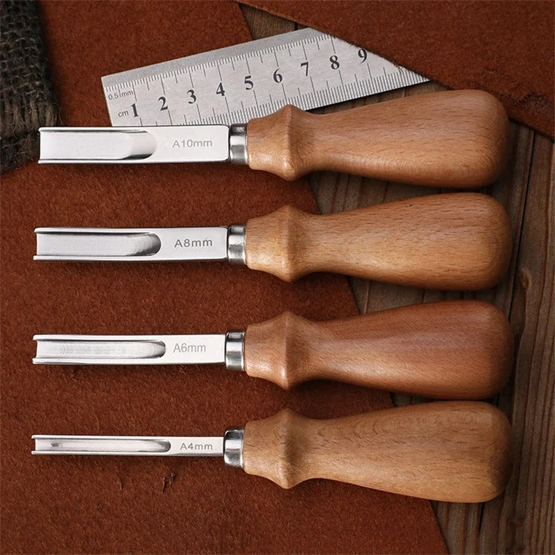 Leather edge beveler tools with beech handles and stainless blades, A10mm to A4mm
