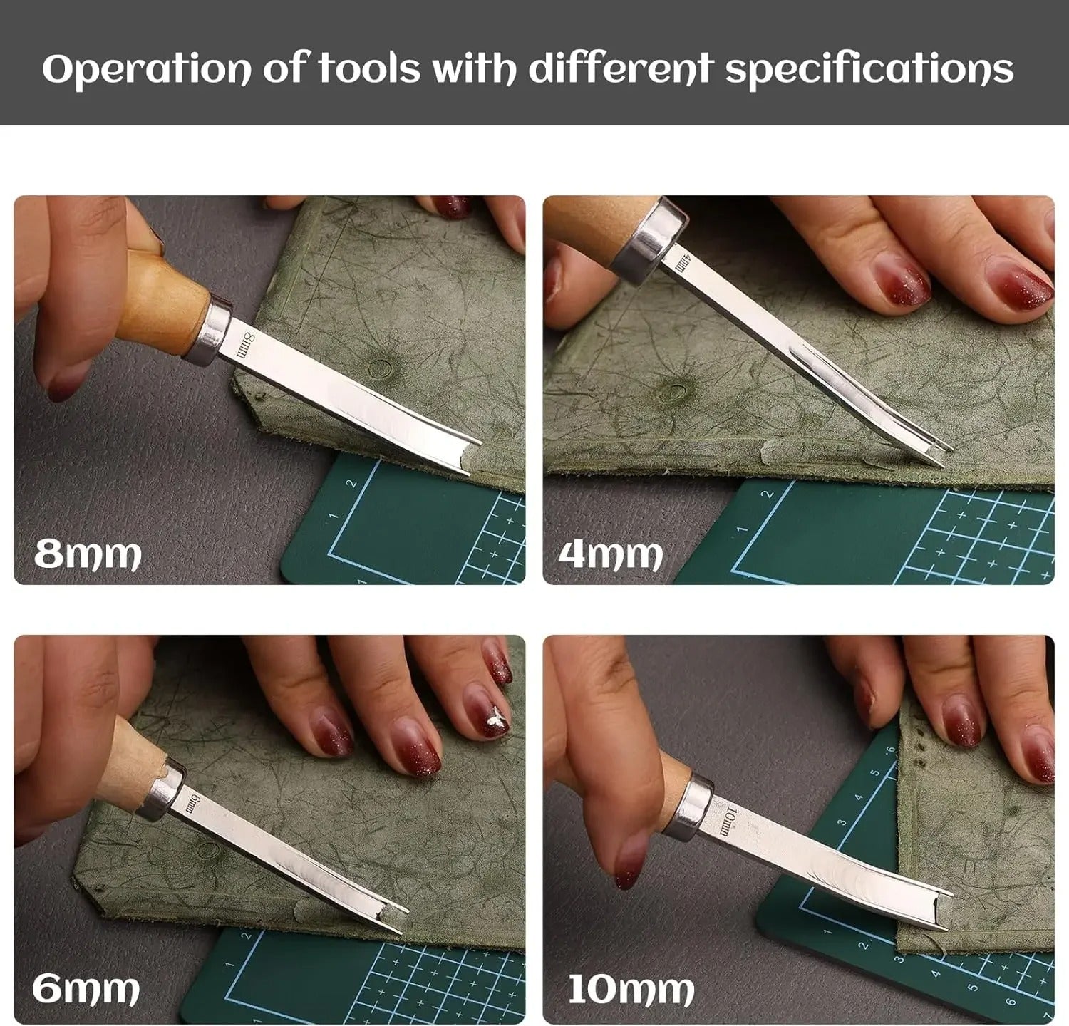 Leather edge beveler tool showing different widths: 4mm, 6mm, 8mm, 10mm
