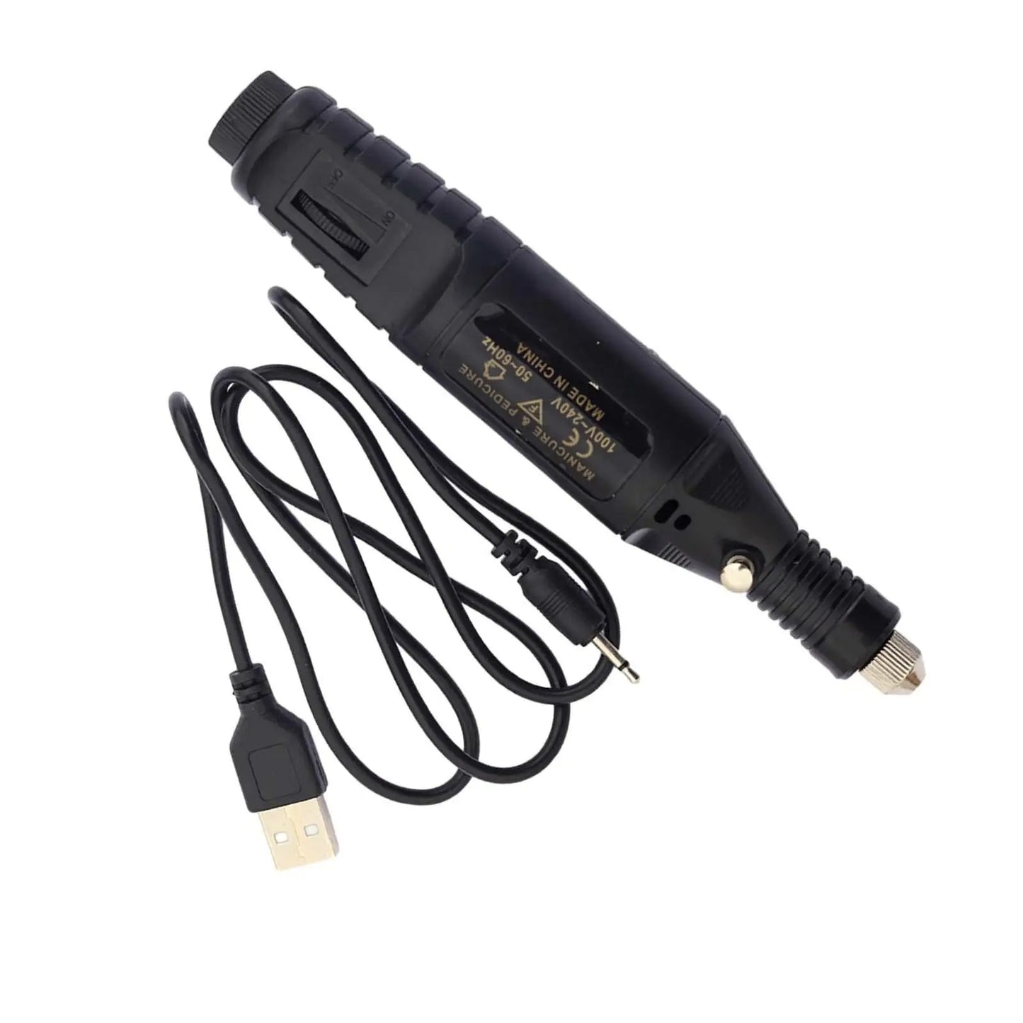 Electric leather burnisher polisher tool, black handheld unit with USB cable