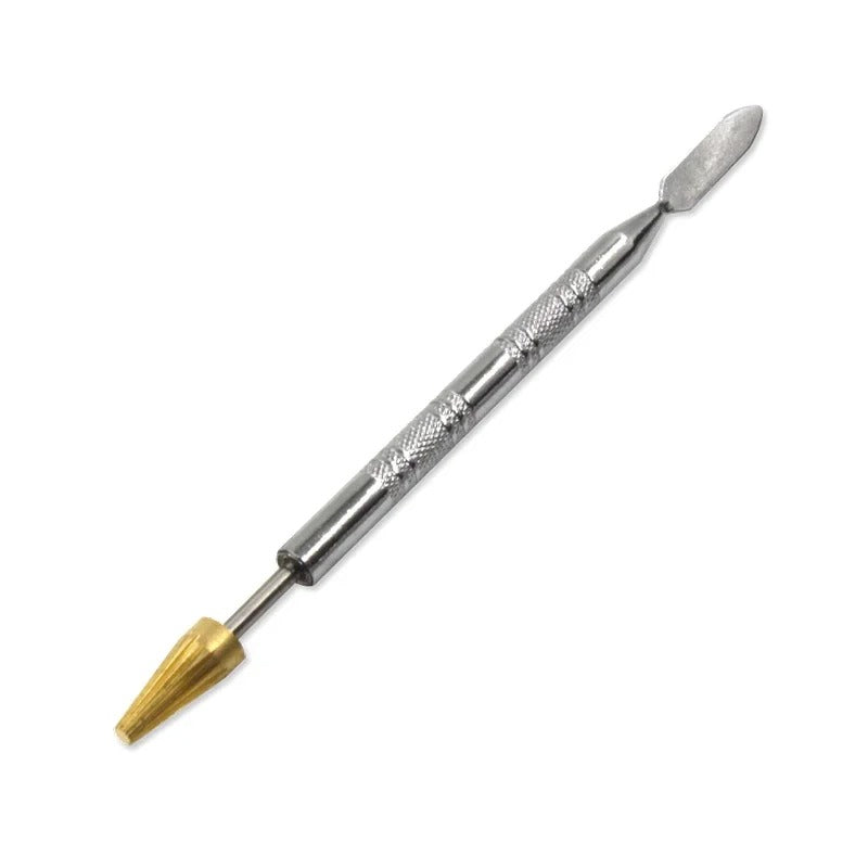 Leather edge oil pen with golden conical applicator tip and textured handle