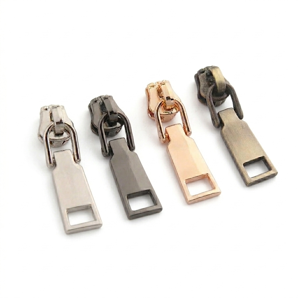 Zinc alloy zipper pull sliders, square tab with cutout, set of four metal finishes