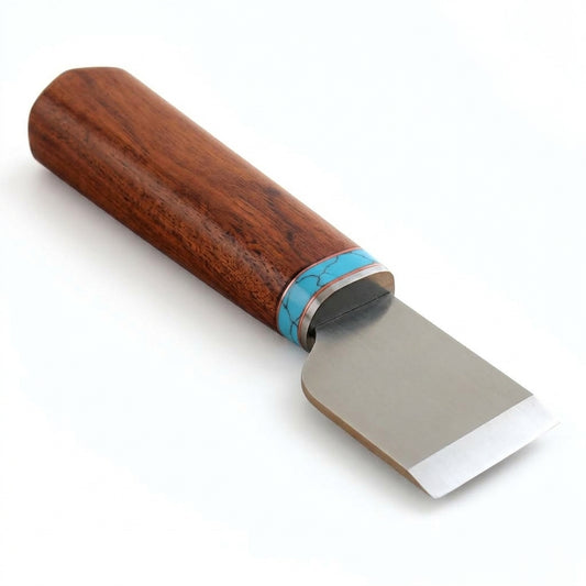 Sandalwood leather cutting knife with steel blade and blue leather handle wrap