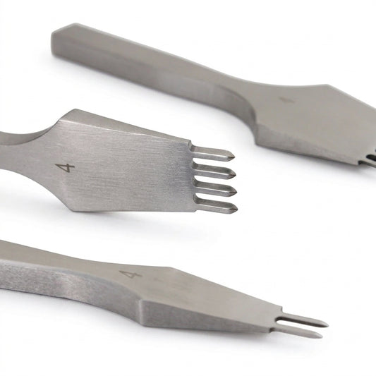 Leather hole punch chisel tool, steel prongs with 4 teeth for handmade leatherwork